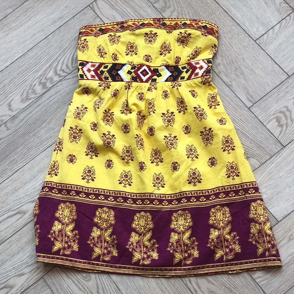 Yellow Strapless Floral Print Dress with Maroon Border